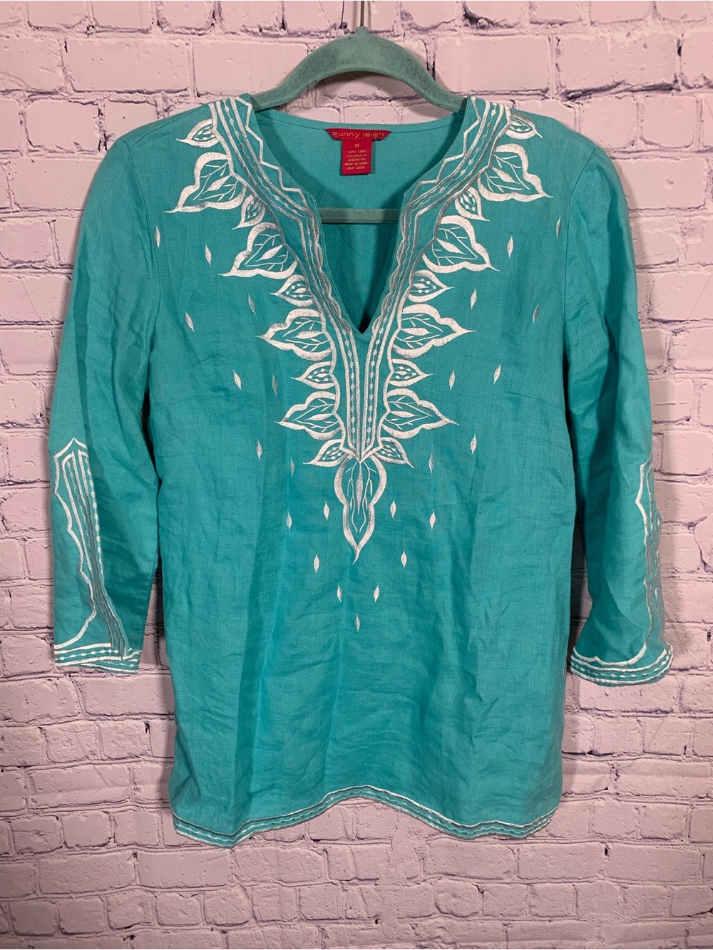Sunny Leigh Womens 3/4 Sleeve Linen Top Blue White Size M Beach Casual Vacation